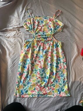 SHEIN Pink Blue Yellow Floral Cutout Mini Dress